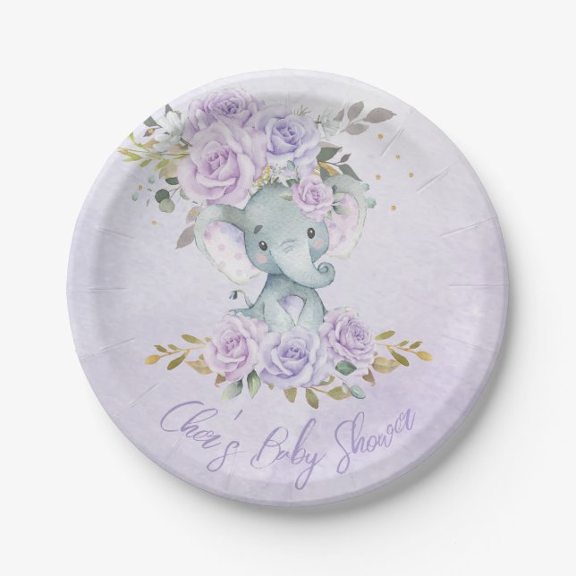 Plato De Papel Baby Purple Floral Elephants Twins Baby Shower (Anverso)
