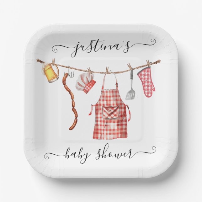 Plato De Papel Baby-Q barbacoa Clothesline Baby Shower (Anverso)