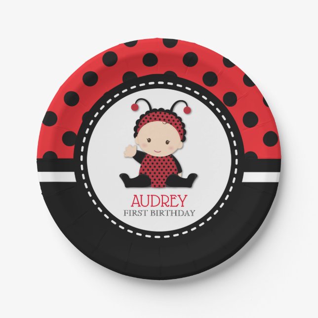 Plato De Papel Baby Red Ladybug Primer cumpleaños Baby Shower (Anverso)