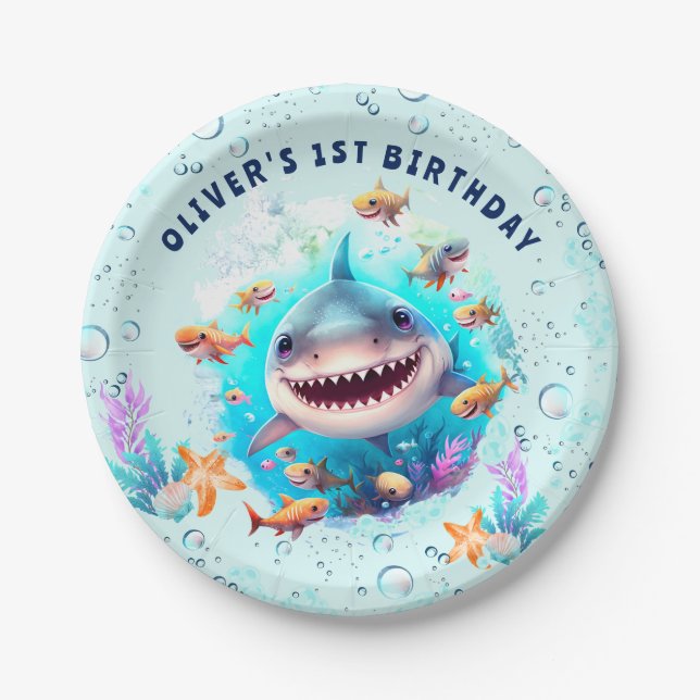 Plato De Papel Baby Shark Boy Primera fiesta de cumpleaños (Anverso)