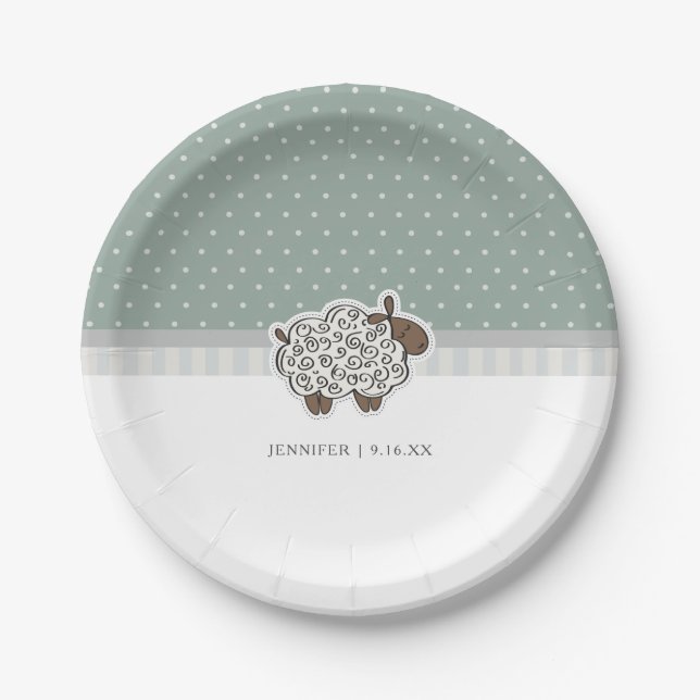 Plato De Papel Baby Sheep Green Polka Dot Baby Shower (Anverso)