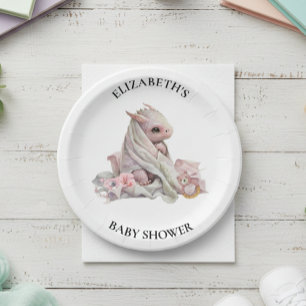 Plato De Papel Baby Shower Acuarela del Dragón Rosa 