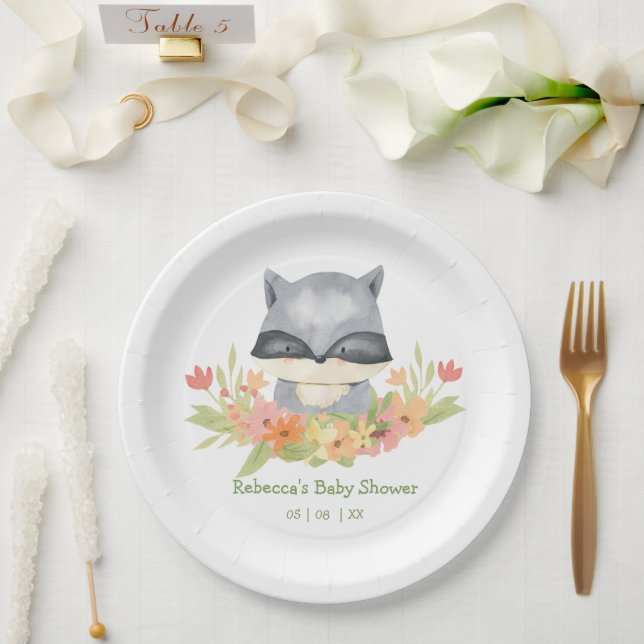 Plato De Papel Baby Shower Adorable Cute Baby Raccoon (Boda)