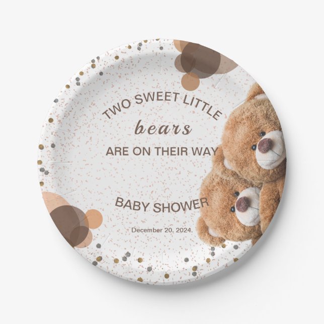 Plato De Papel Baby Shower Adorable Twin Bears (Anverso)