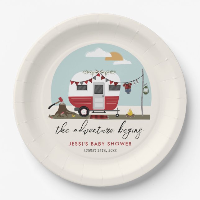 Plato De Papel Baby Shower Adventure Red Camper Lumberjack (Anverso)
