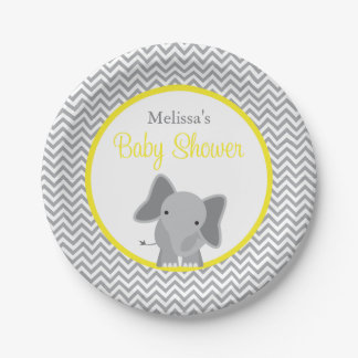 Plato De Papel Baby Shower amarillo chevron con elefante blanco