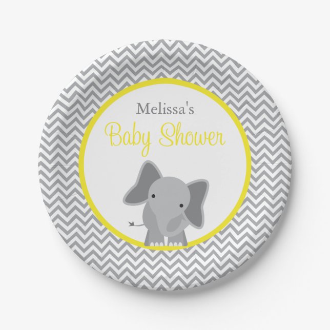 Plato De Papel Baby Shower amarillo chevron con elefante blanco (Anverso)