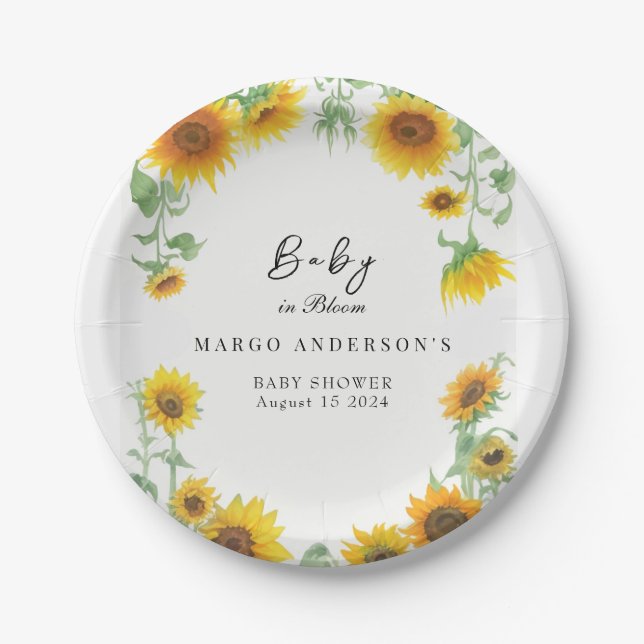 Plato De Papel Baby Shower amarillo elegante girasol sunny (Anverso)