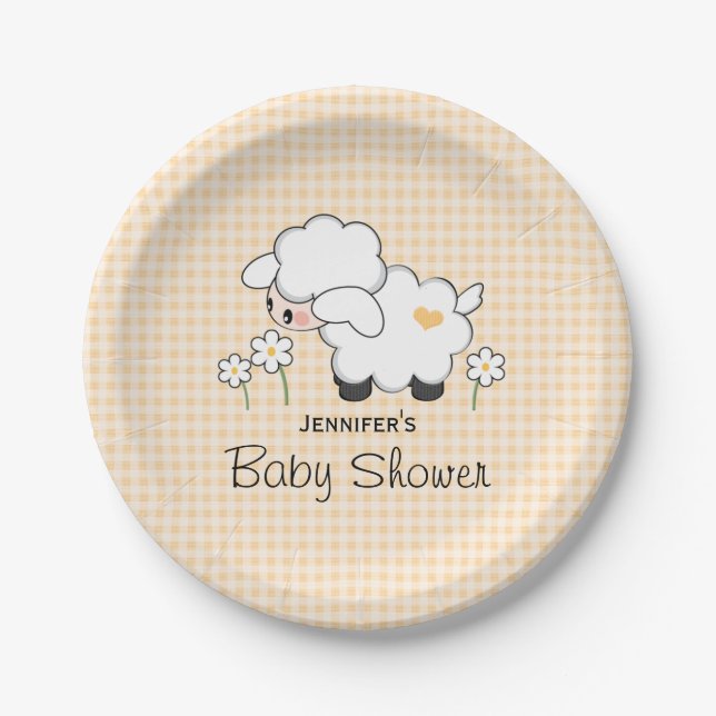 Plato De Papel Baby Shower amarillo Gingham Lamb (Anverso)