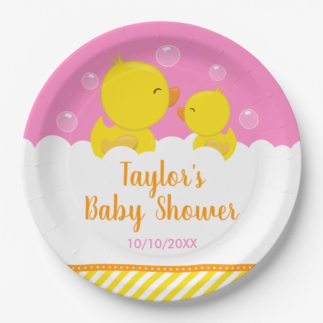 Plato De Papel Baby Shower amarillo y rosa dudoso de goma (Anverso)