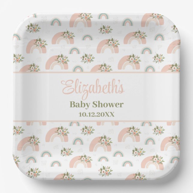 Plato De Papel Baby Shower arcoiris rosa floral (Anverso)