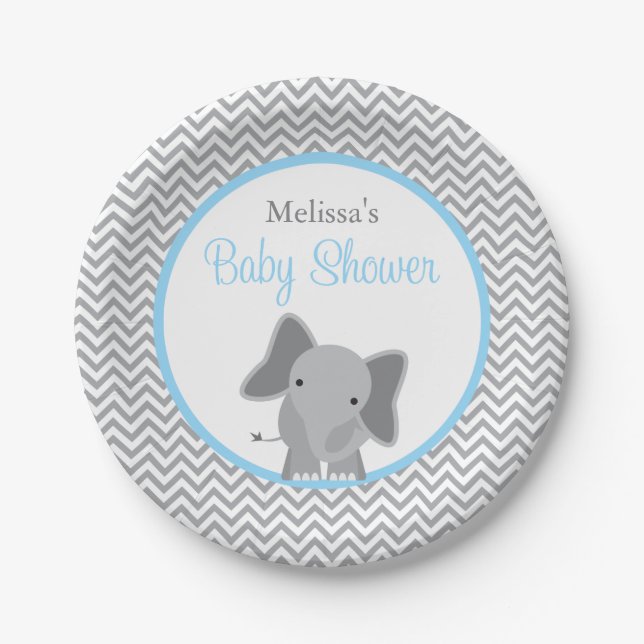 Plato De Papel Baby Shower azul claro de elefante suave (Anverso)