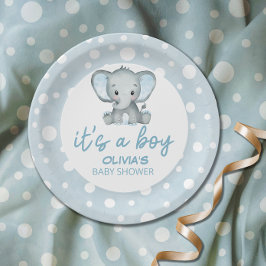 Plato De Papel Baby Shower azul Cute Elephant