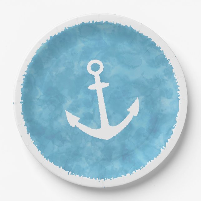 Plato De Papel Baby Shower azul de ancla nautica (Anverso)