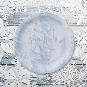 Plato De Papel Baby Shower azul de copo de nieve de plata helada 