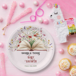 Plato De Papel Baby Shower azul de guijarros de flores silvestres