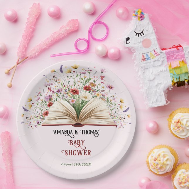 Plato De Papel Baby Shower azul de guijarros de flores silvestres (Fiesta)