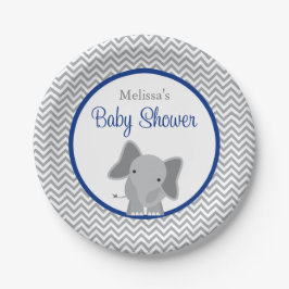 Plato De Papel Baby Shower azul de la Marina Cute Elephant Chevro