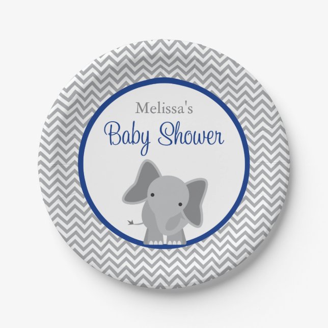 Plato De Papel Baby Shower azul de la Marina Cute Elephant Chevro (Anverso)