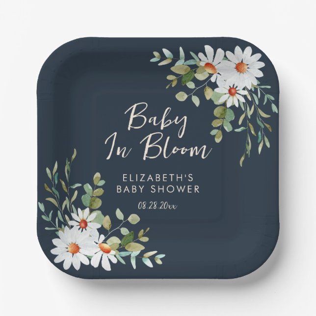 Plato De Papel Baby Shower azul de la marina Eucalyptus y Daisy (Anverso)