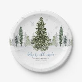 Plato De Papel Baby Shower azul del bosque de invierno acuarela