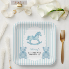 Plato De Papel Baby Shower azul del oso preppy de caballo de roca
