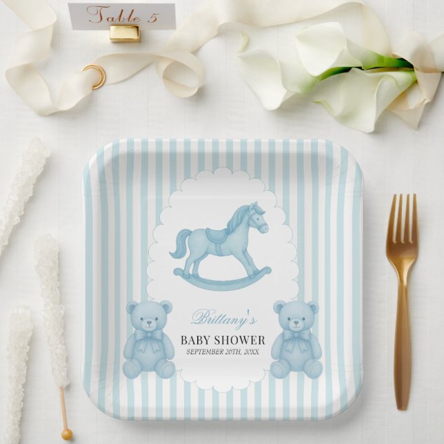 Plato De Papel Baby Shower azul del oso preppy de caballo de roca (Boda)
