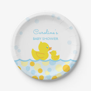 Plato De Papel Baby Shower azul y amarillo de goma Ducky