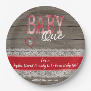 Plato De Papel Baby Shower BBQ Chica Ruso Red Gingham Wood