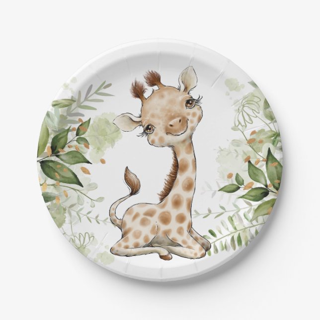Plato De Papel Baby Shower Birthday Cute Giraffe Greenery (Anverso)