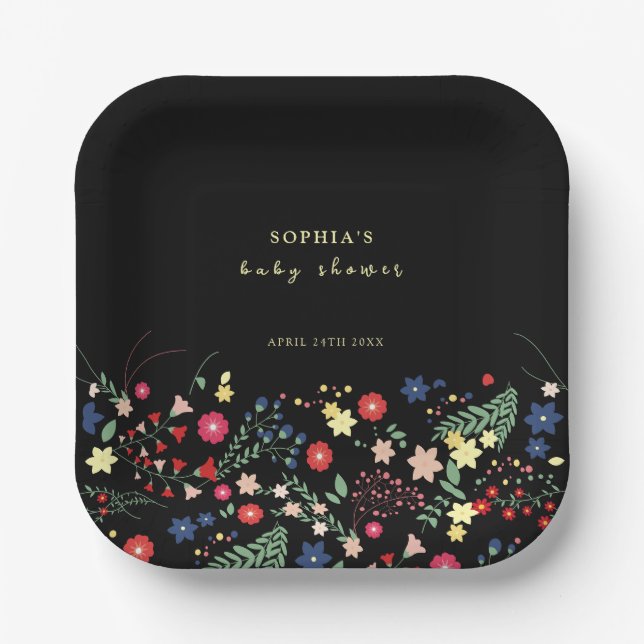Plato De Papel Baby Shower Black Simple Elegant Wildflower (Anverso)