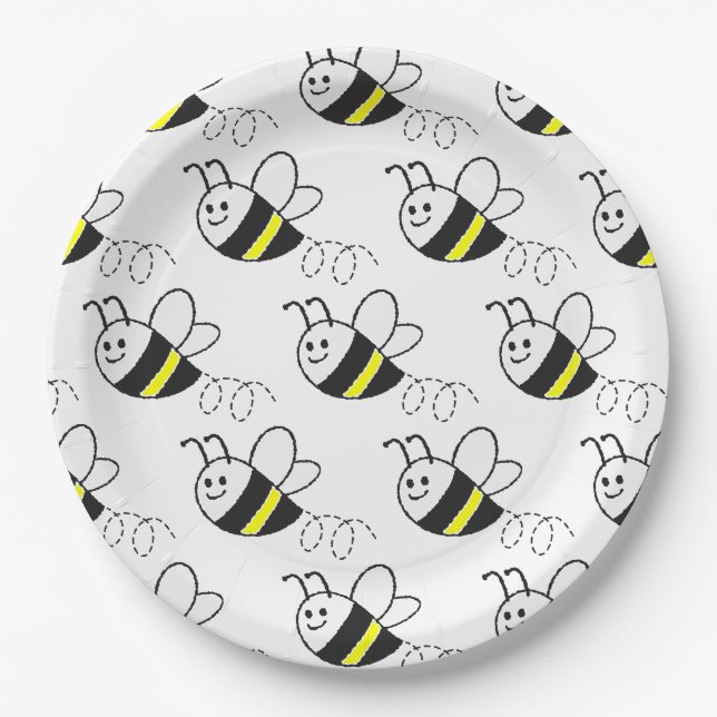 Plato De Papel Baby Shower blanco con un patrón de abeja suave (Anverso)