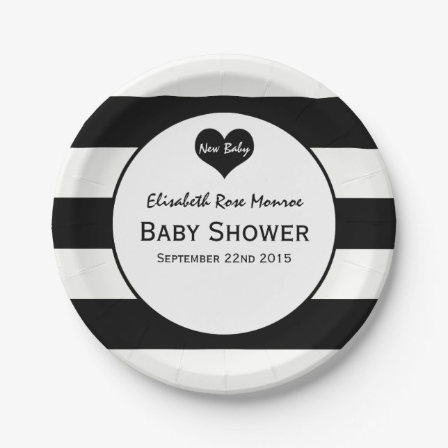 Plato De Papel Baby Shower blanco y negro de Moda moderna (Anverso)