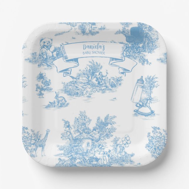 Plato De Papel Baby Shower Blue and White Toile de Jouy (Anverso)