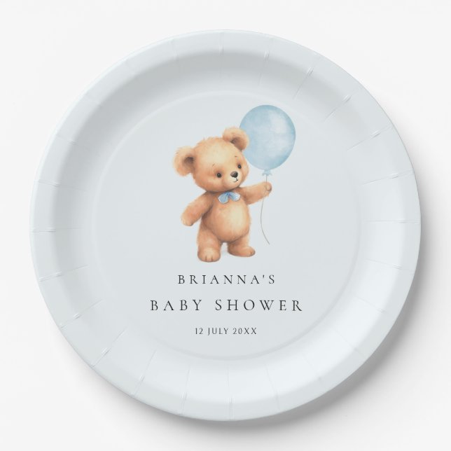 Plato De Papel Baby Shower Blue Balloon Bear (Anverso)