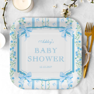 Plato De Papel Baby Shower Blue Bow Boy