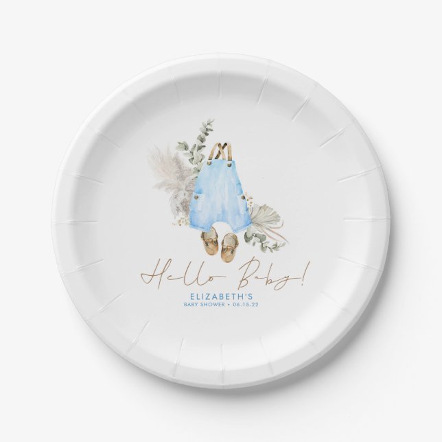 Plato De Papel Baby Shower Blue Brown Sage Cuidad Boy (Anverso)