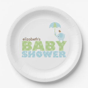 Plato De Papel Baby Shower Blue Elephant Boy