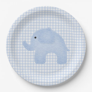 Plato De Papel Baby Shower Blue Gingham Baby Boy Elephant