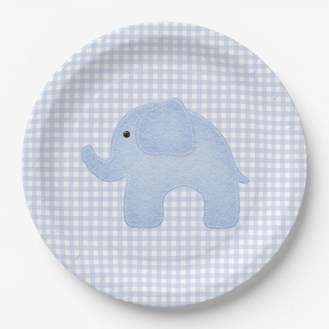 Plato De Papel Baby Shower Blue Gingham Baby Boy Elephant (Anverso)