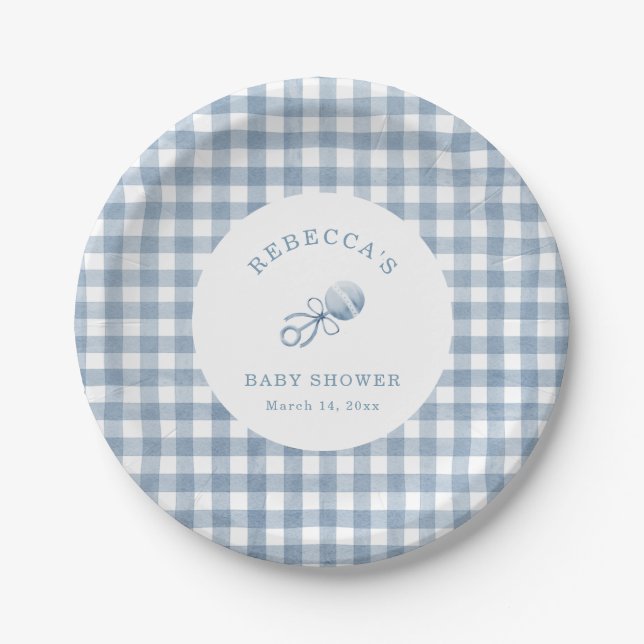 Plato De Papel Baby Shower Blue Gingham Boy (Anverso)