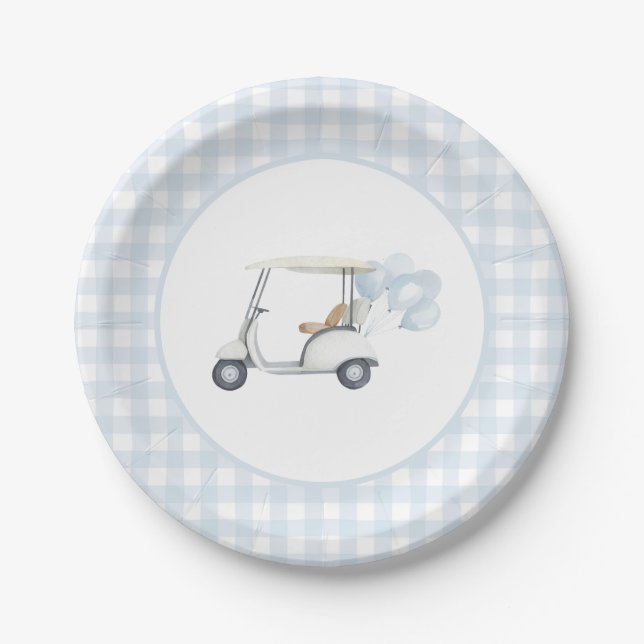 Plato De Papel Baby Shower Blue Gingham Golf (Anverso)