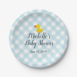 Plato De Papel Baby Shower Blue Gingham Rubber Duckie
