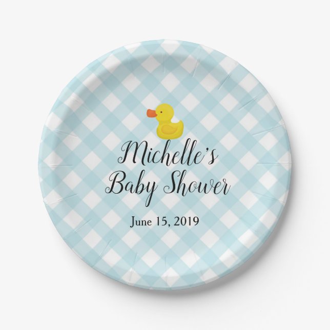Plato De Papel Baby Shower Blue Gingham Rubber Duckie (Anverso)