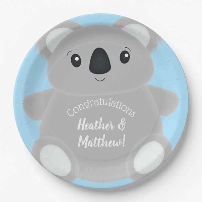 Plato De Papel Baby Shower Blue Koala Bear (Anverso)