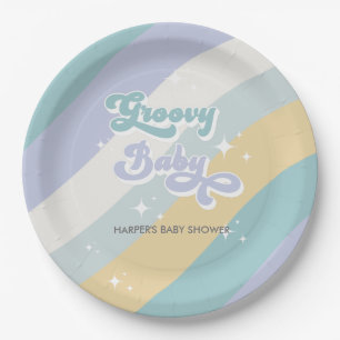 Plato De Papel Baby Shower Blue Retro Groovy