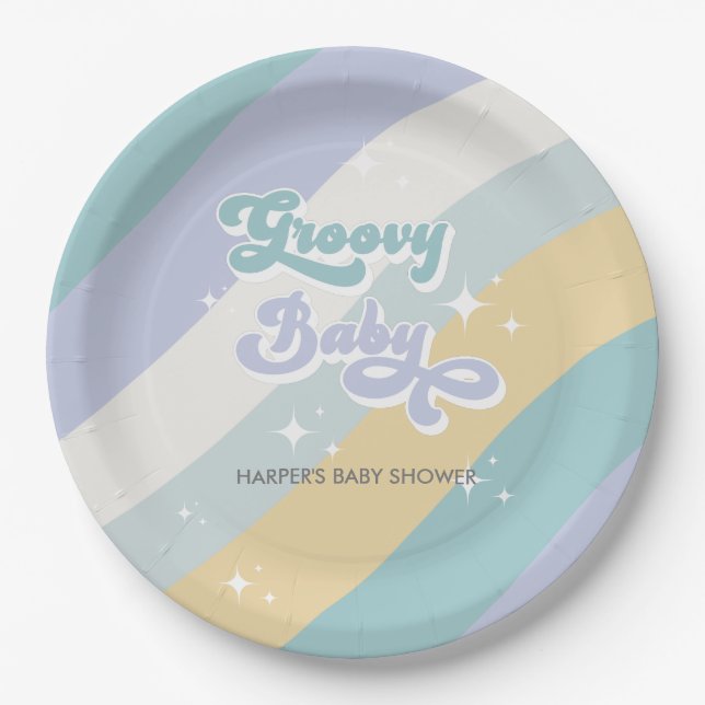 Plato De Papel Baby Shower Blue Retro Groovy (Anverso)