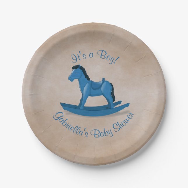 Plato De Papel Baby Shower Blue Rocking Horse (Anverso)