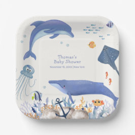 Plato De Papel Baby Shower Blue Rustic Ocean Dolphin Whale Boy