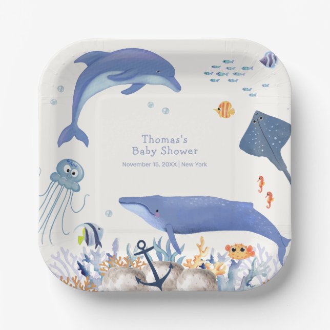 Plato De Papel Baby Shower Blue Rustic Ocean Dolphin Whale Boy (Anverso)